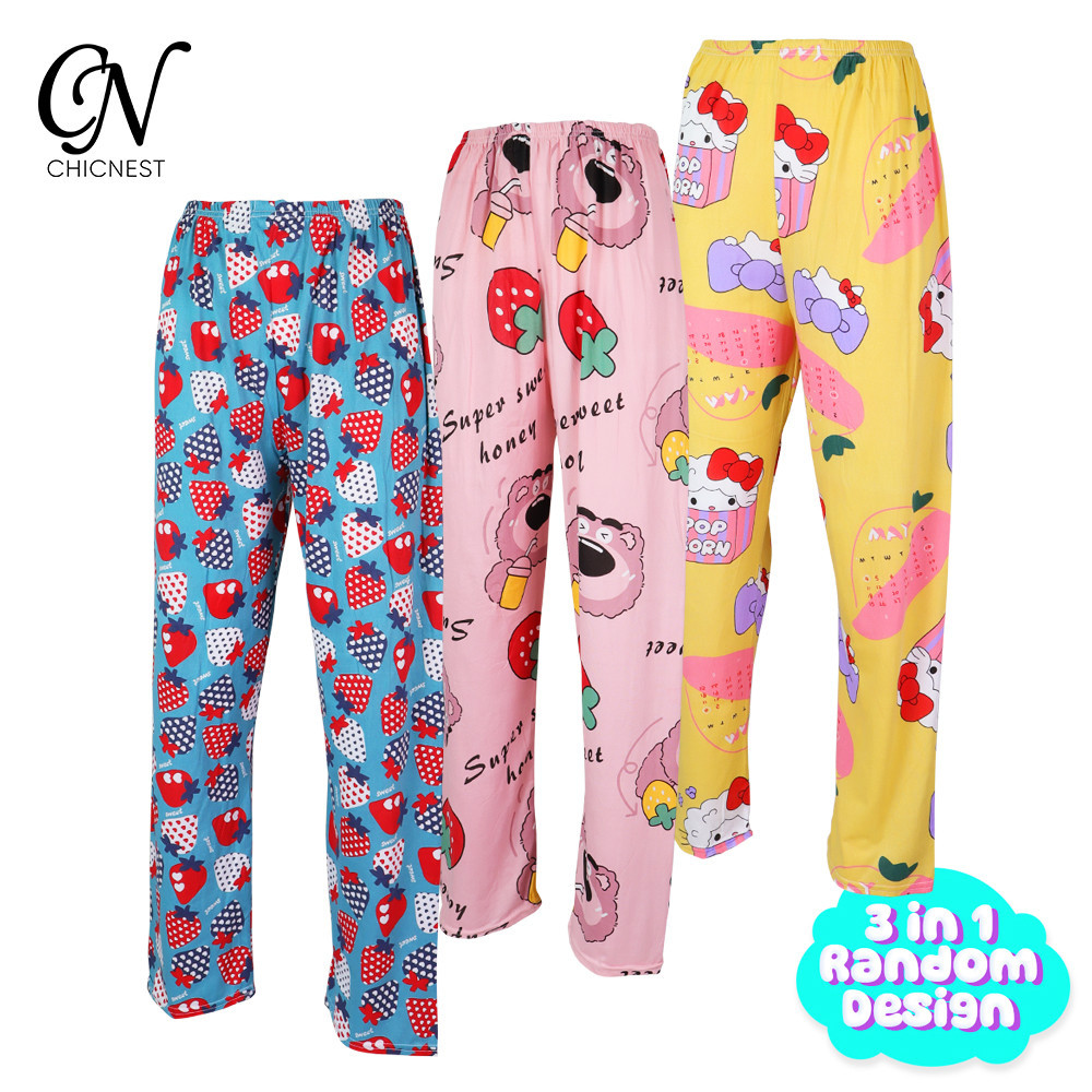 3in1 Trendy Cute Printed Cotton Soft Garterized Pajama for Women Random ...
