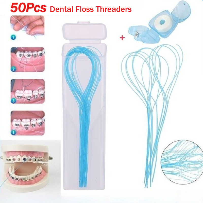 50Pcs Dental Floss Threaders Dental Traction + Case For Orthodontic ...