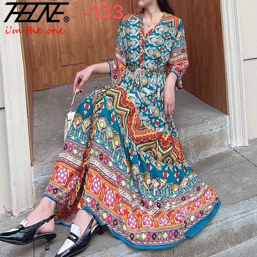 Indian Dress Women Casual Holiday White Plus Size Print Long Summer Korean  Style Beach Maxi Floral Cotton V-neck Long Boho Bohemian Flower Travel  Female Dresses