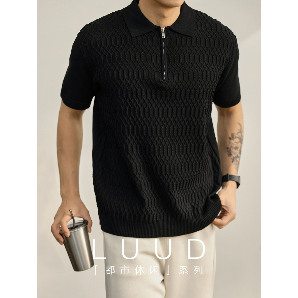 LUUD Korean Style Knitted Jacquard Polo Shirt Men's Black Diamond ...