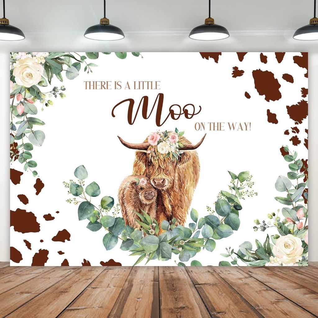 Cows Baby Shower Backdrop Farmhouse Eucalyptus Leaf Little Moo On The ...