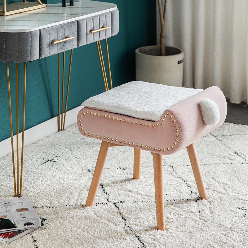 Bedroom Low Stool Makeup Stool with Storage, Solid Wood Light Luxury ...