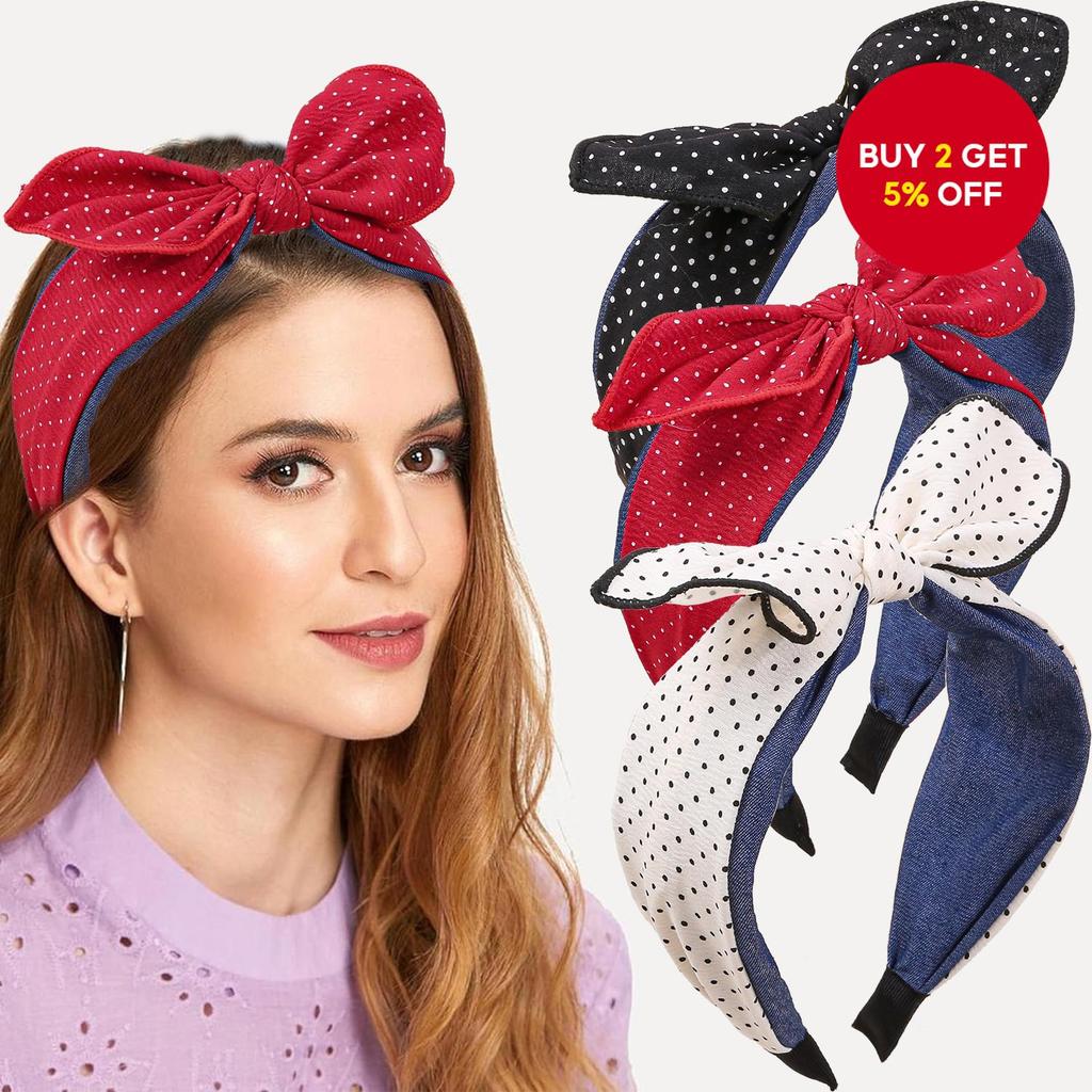 Polka Dot Knotted Bunny Ear Wide Headband Elegant Hair Hoop for Girls ...
