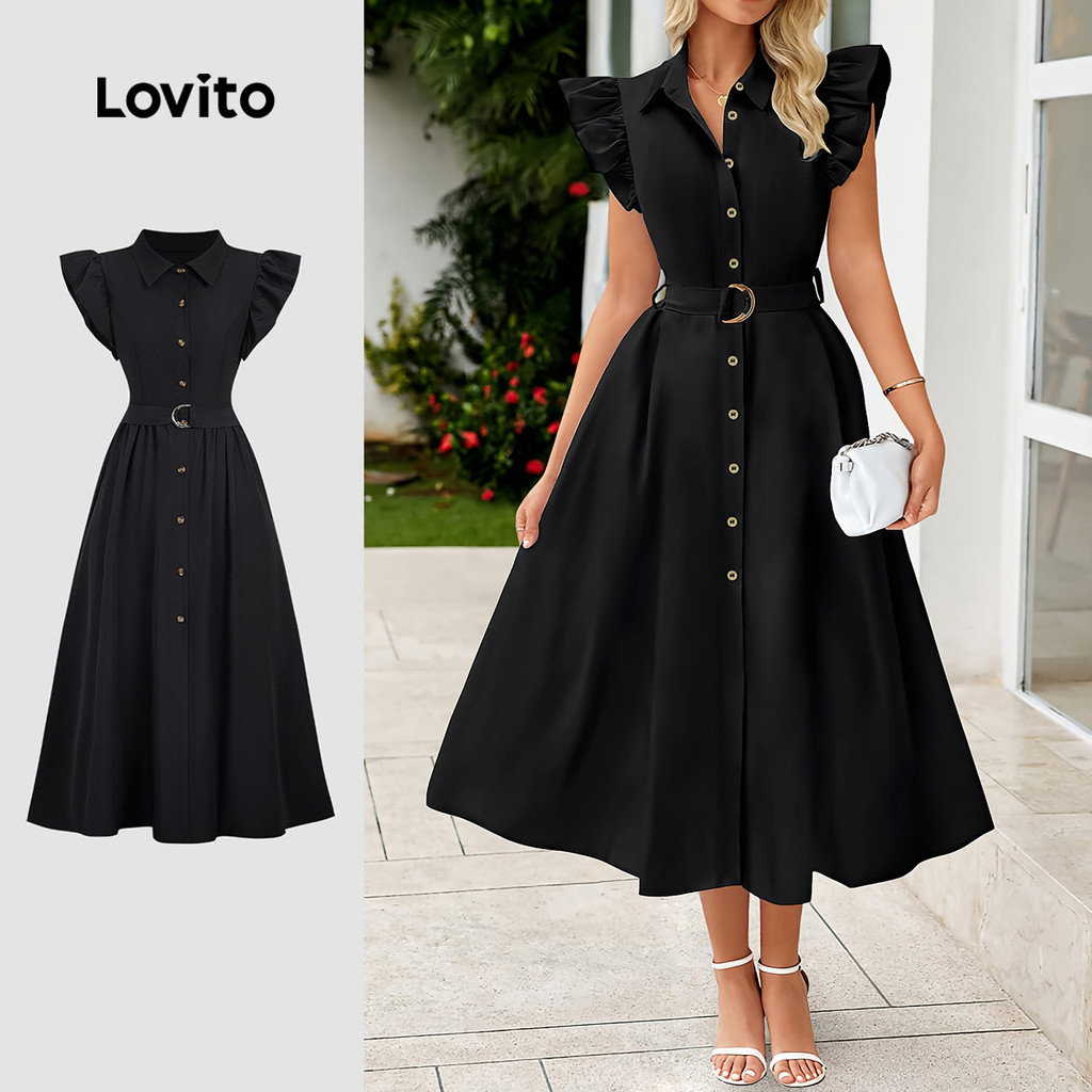Lovito Women Elegant Dress Belted Button Front Spring/summer Black ...
