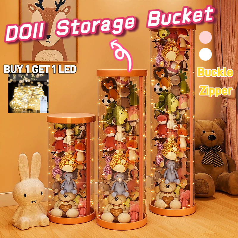 【Free LED】Transparent Doll Storage Bucket Cylindrical Rotatable PVC ...