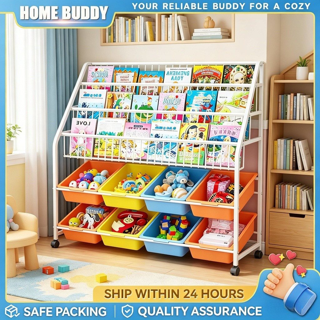 【With Box】Kids Toy Storage Rack School Children's Bookshelf Multi ...