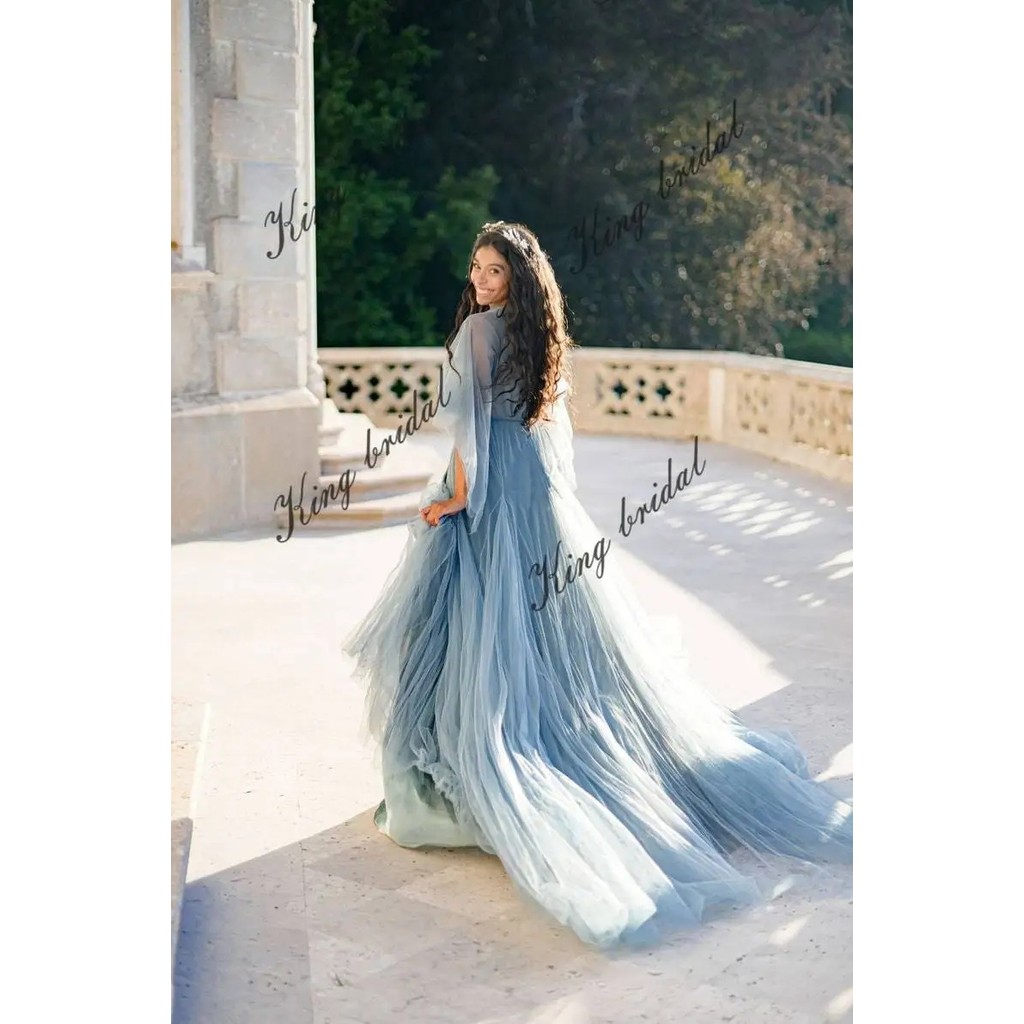 Ethereal wedding dresses Pale dark blue wedding gown Full gown Airy ...
