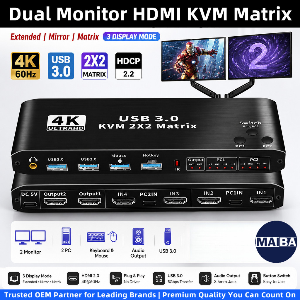 4K 2x2 Dual Screen HDMI KVM Matrix Switch 2 IN 2 Out Support Extend ...