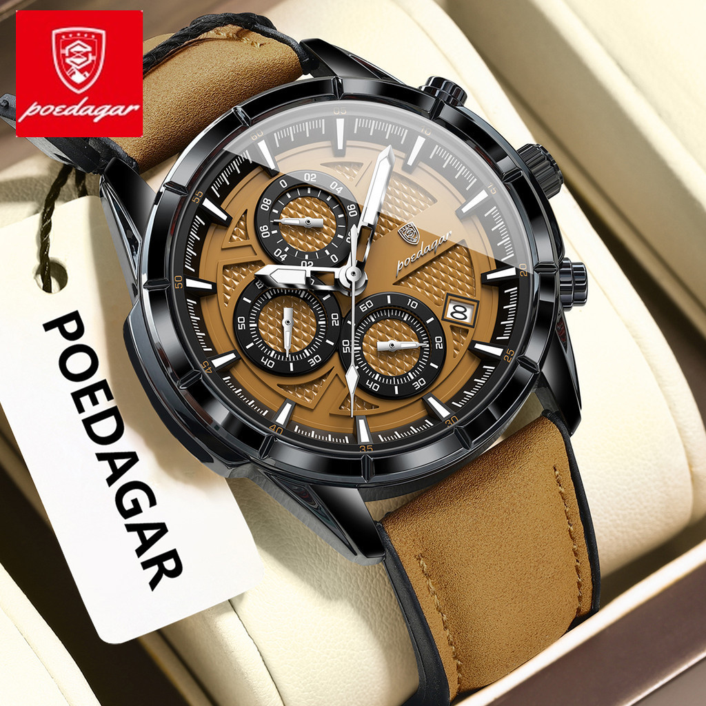 POEDAGAR watch, leather date chronograph, waterproof night light, men's ...
