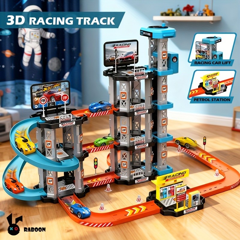 3D Multi-Level Racing Track Toy Set - 2 Cars + Drift Tracks + Petrol ...