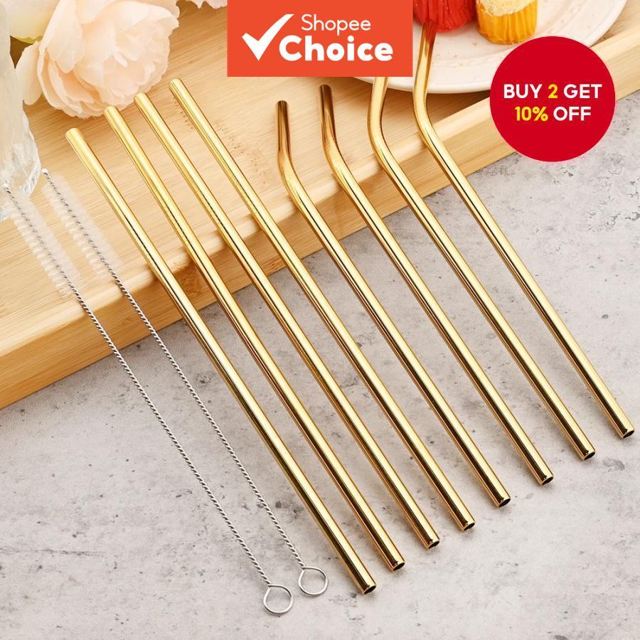 4 Golden Stainless Steel Straws Reusable Metal Drinking Tube Set Milk ...