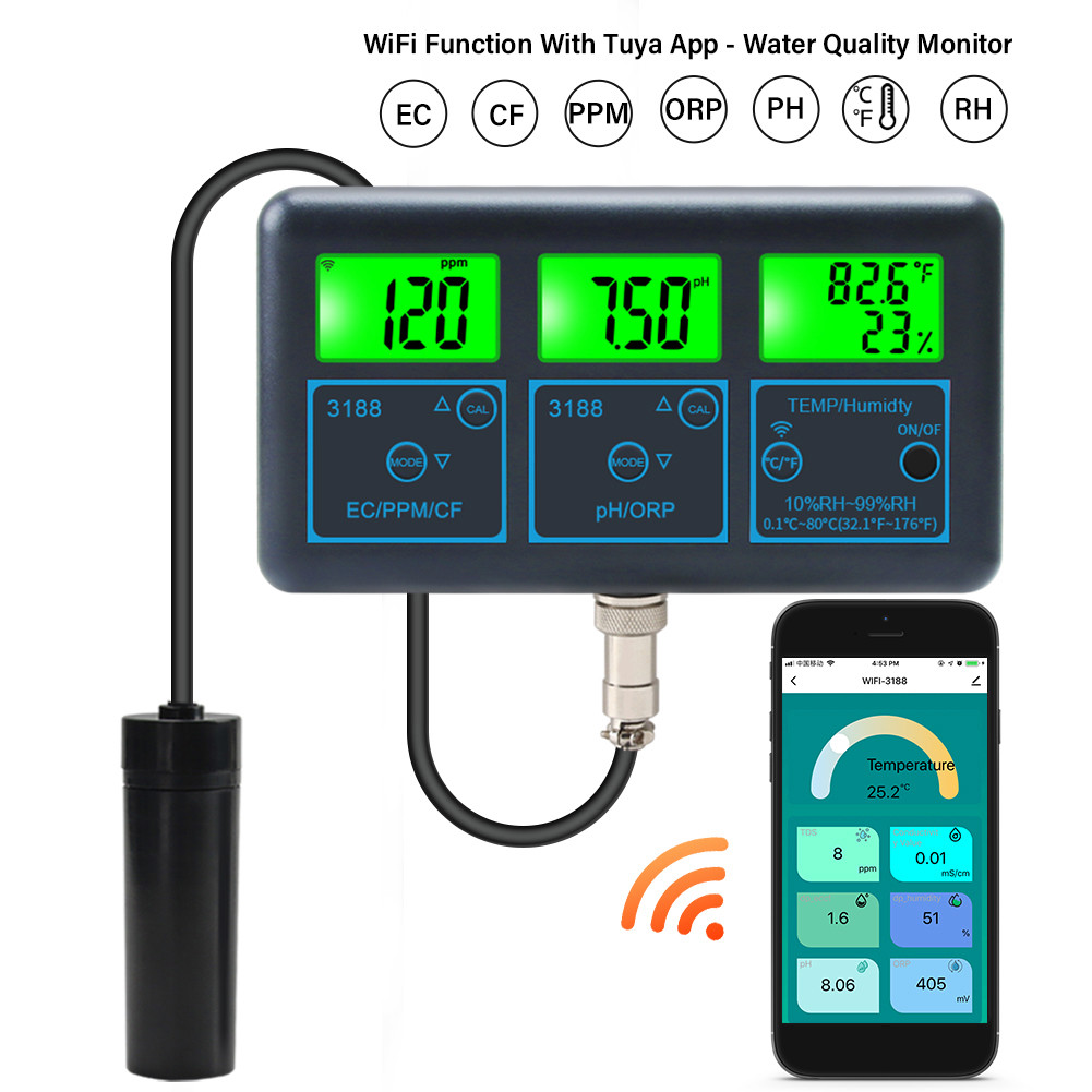 WiFi 7 in 1 Water Quality Monitor PH ORP EC PPM CFR Humidity ...