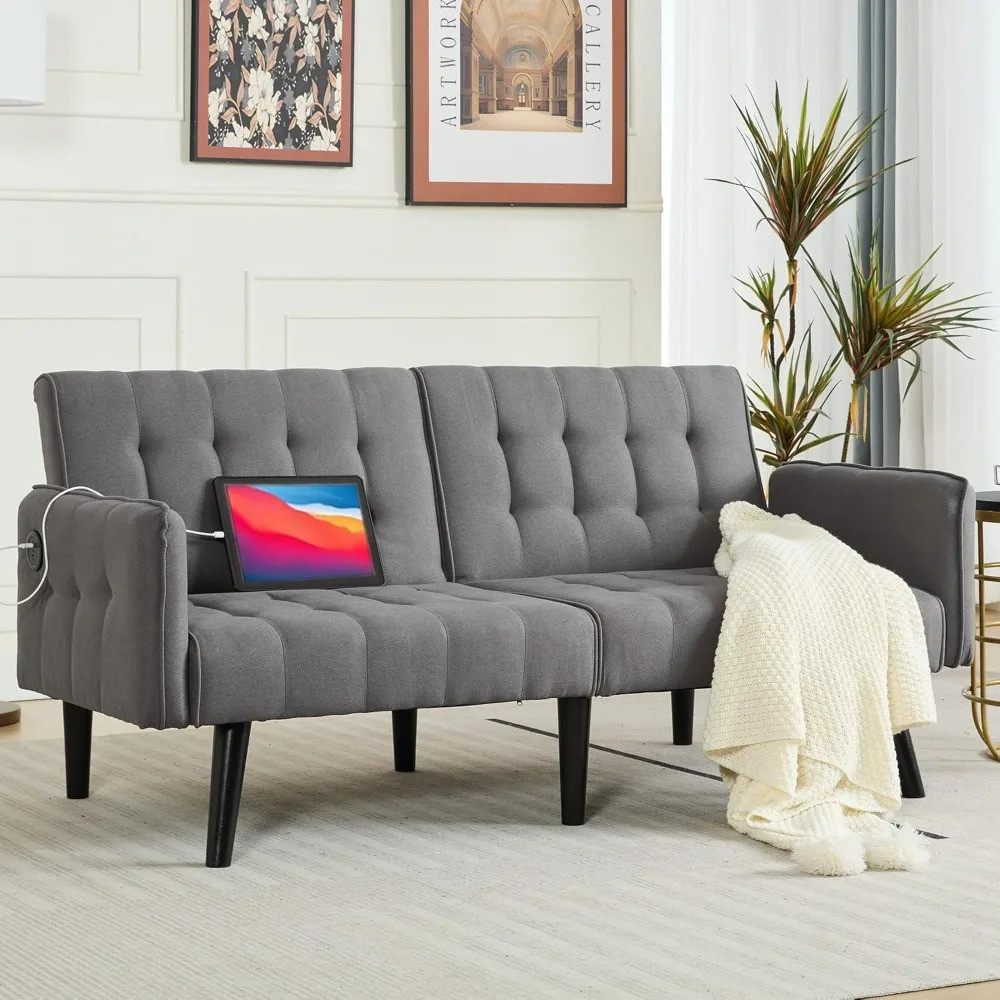 65“ Convertible Futon Sofa Bed W/ 2 Usb, Upholstered Tufted Small ...