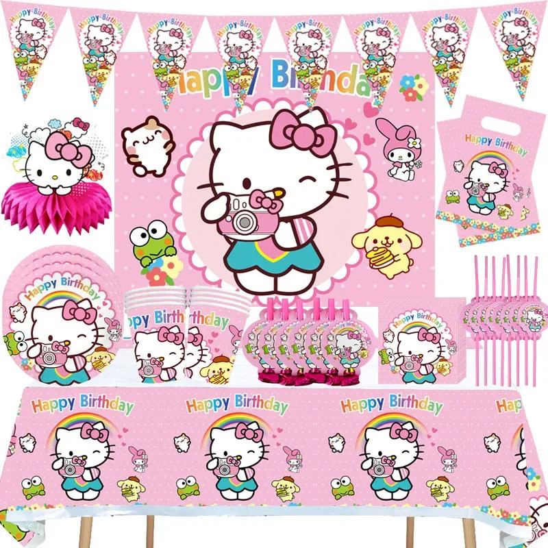 Cartoon Hello Kitty Birthday Party Decorations Set Kids Girl Disposable ...
