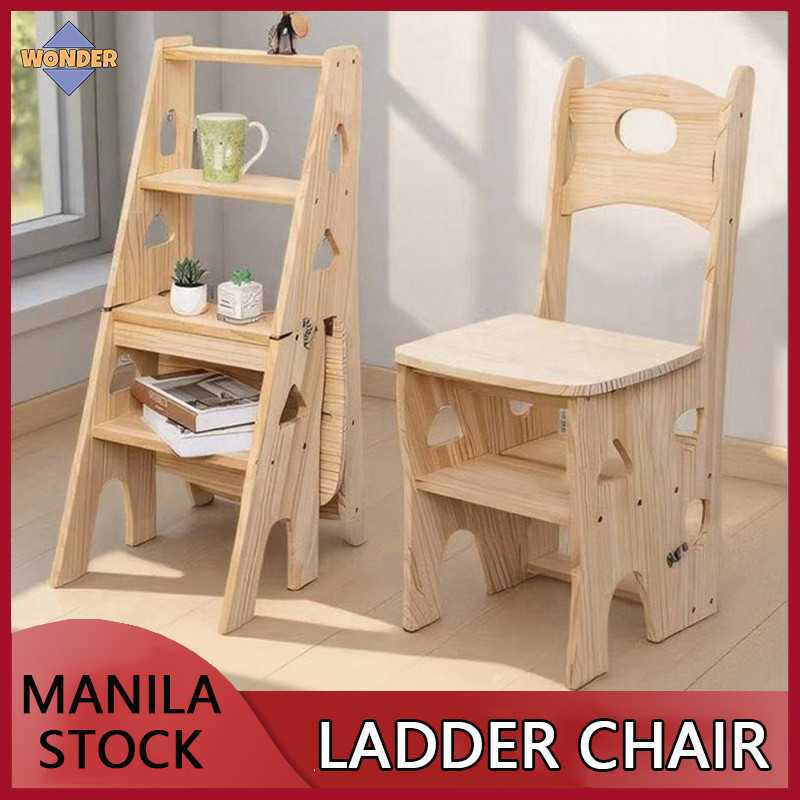 Solid Wood Folding Chair Shelves Chair Ladder Chair 3 Layers Step Chair ...