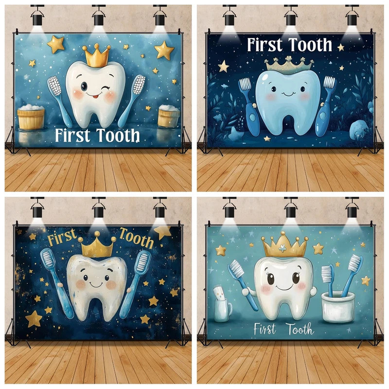 My First Tooth Theme 1st Birthday Party Baby Shower Backdrop Blue Pink ...