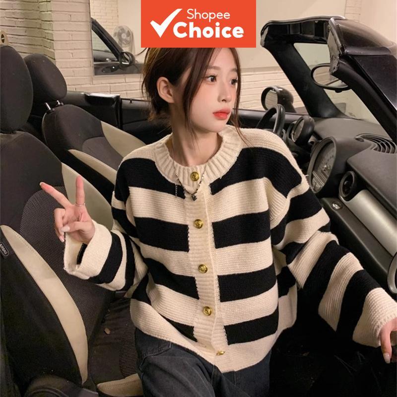 Spring/Autumn Knitted Cardigan 2025 Vintage Round Neck Striped Color ...