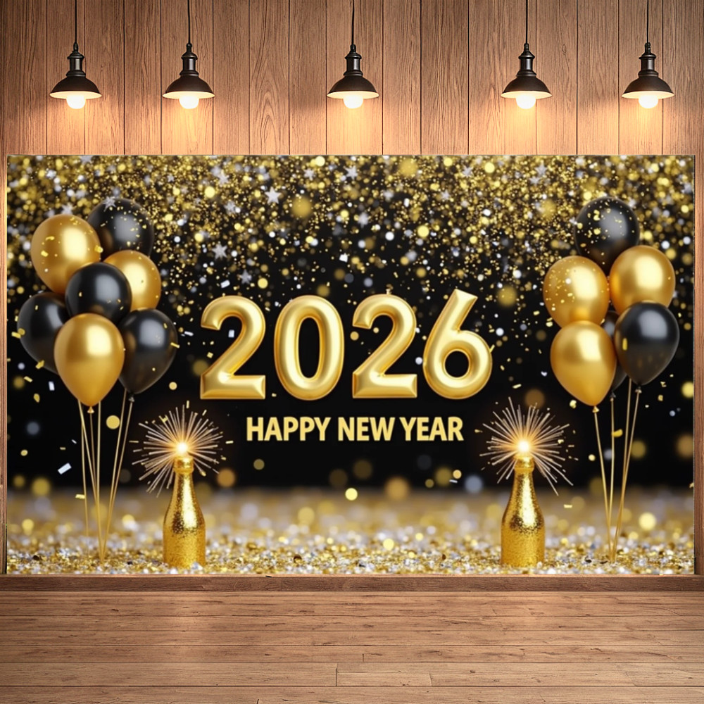 Happy New Year 2026 Backdrop Gold Black Balloons Fireworks Gift Boxes ...