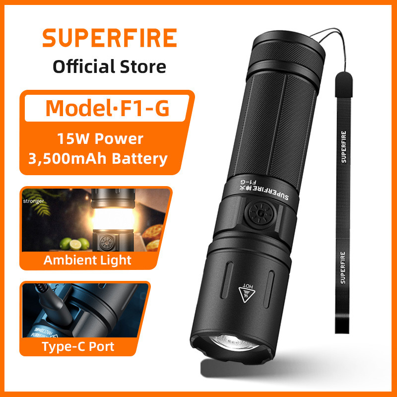 SUPERFIRE F1-G 15W New Rechargeable LED Flashlight, 1100LM Camping ...