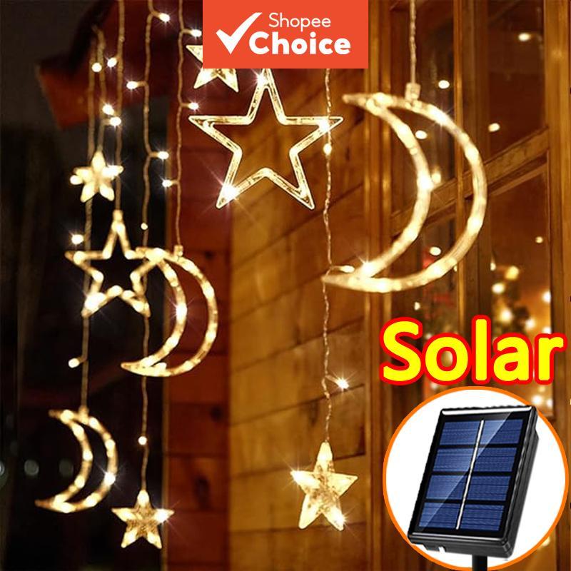Solar Star Moon String Light Lampu Raya Solar Curtain Lights 8 Modes ...