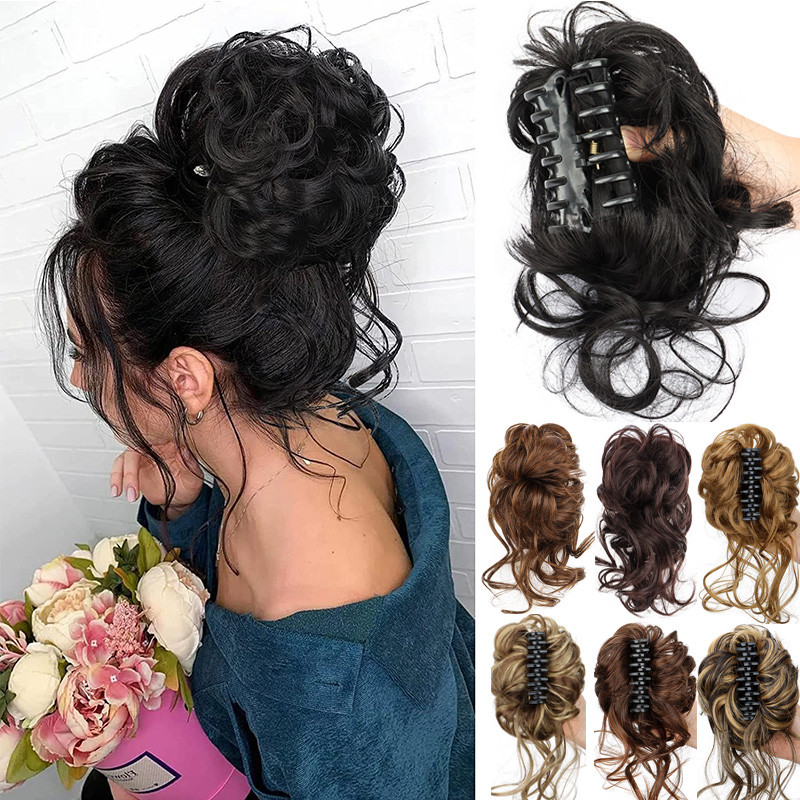 Curly Chignon Extensions with Claw Fluffy Messy Bun Synthetic Hairpiece ...