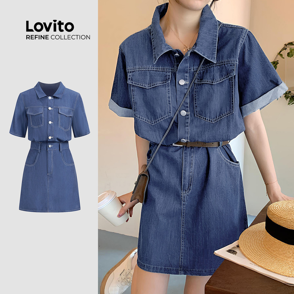 (Lovito Refine) Women Refine Elegant Denim Dress Zipper Button Front ...