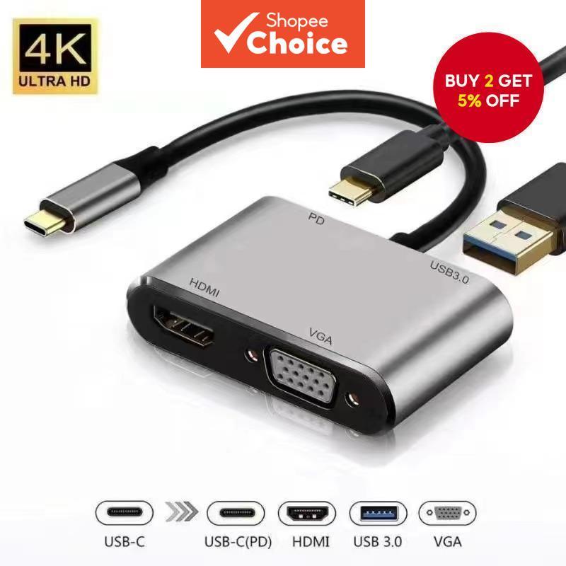 Type-C Hub 4K 4-in-1 HDMI VGA USB Port Digital AV PD Adapter Charging ...