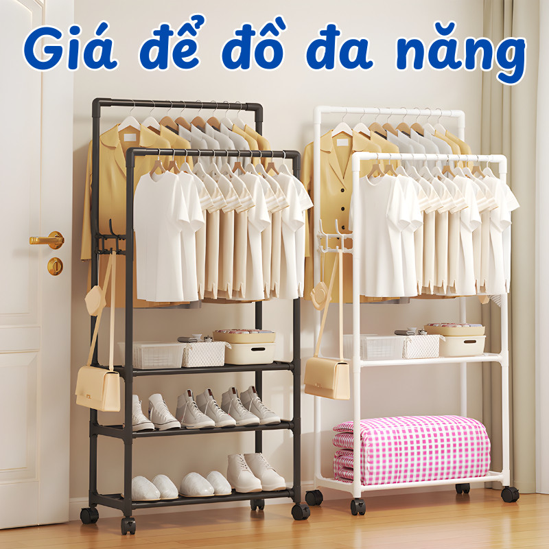 3-Tier Clothes Rack with Wheels, Hanging Shelf with Integrated Multi ...