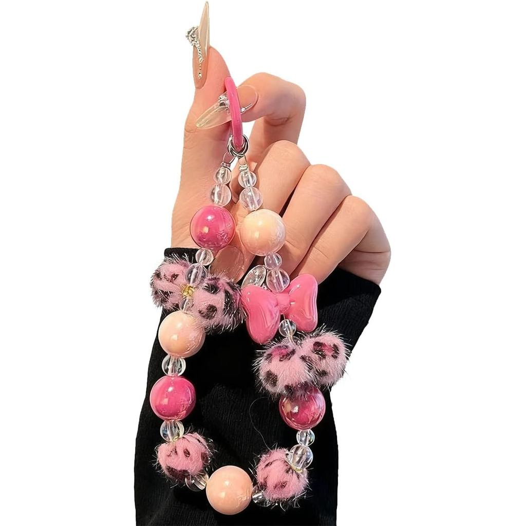 Pink Leopard Keychain with Beaded Wristlet, Phone Strap With Bow Pompom ...