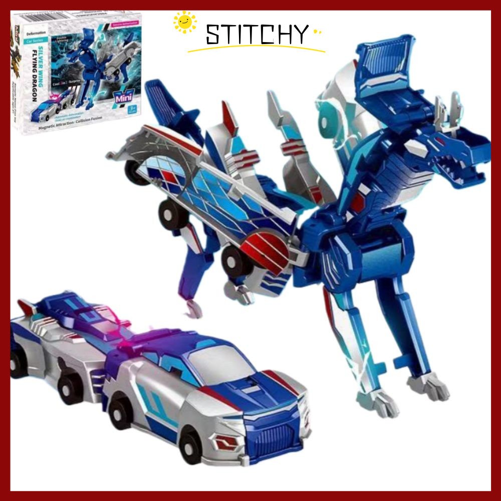 Aimery Dinosaur Transforming Car Toy, Magnetic Cars Transform into Di