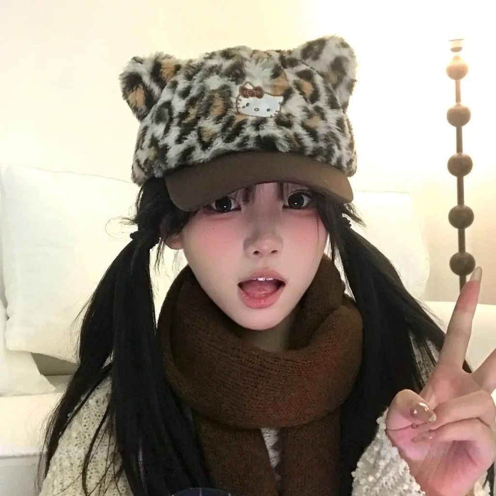Cute Leopard Print kt Cat Embroidered Cap Female Plush Cat Ears Season ...