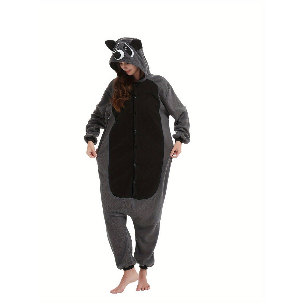 Cozy Fleece Raccoon Hooded Onesie Pajamas - Long Sleeve, Button-Up ...