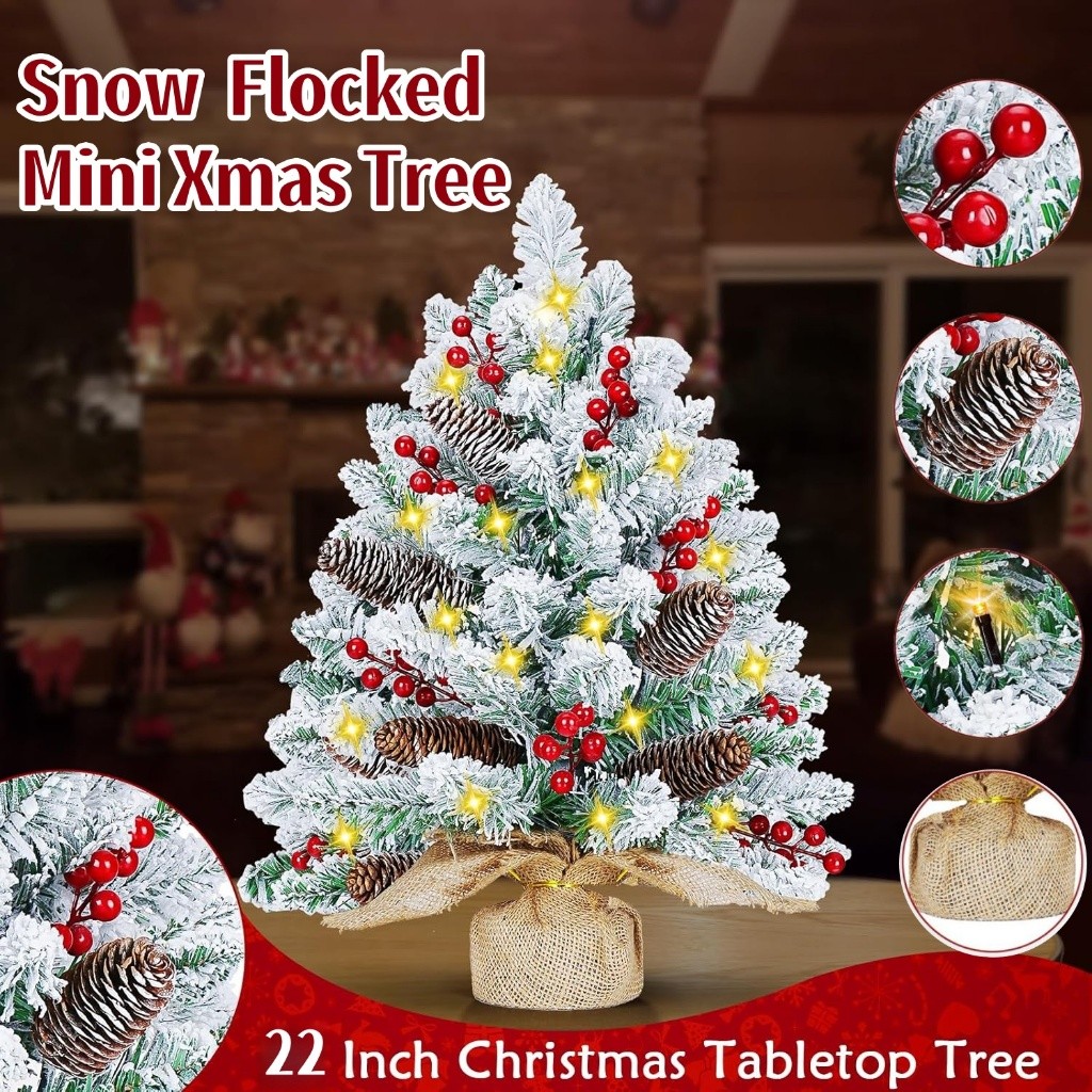 22 inch Snow Flocked Mini Xmas Tree with Pinecones Berries Ornaments ...
