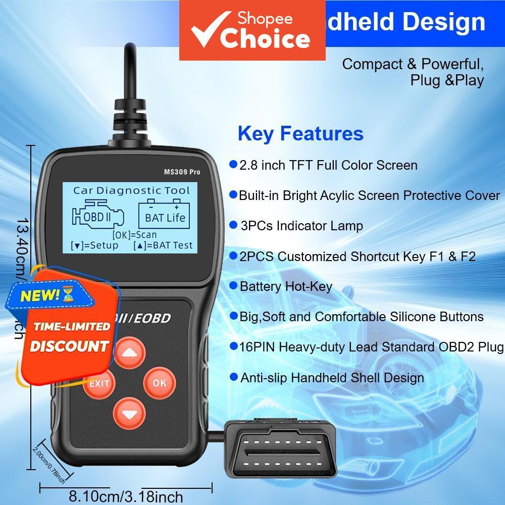 Battery Tester OBD2 Scanner Multi-language Live Data Reader MS309PRO ...