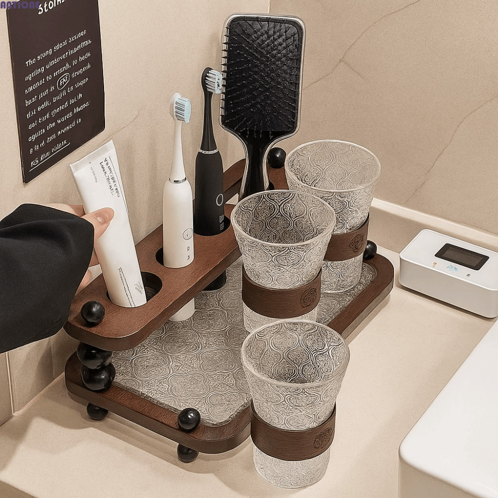 ANTIONE Functional Toothbrush Storage Rack, Save Space Vintage Wooden ...
