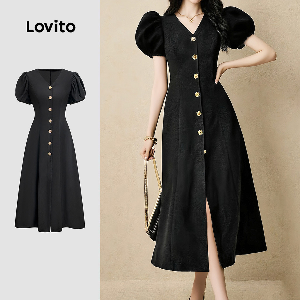 Lovito Women Elegant Dress Button Front Spring/summer Black Dress ...