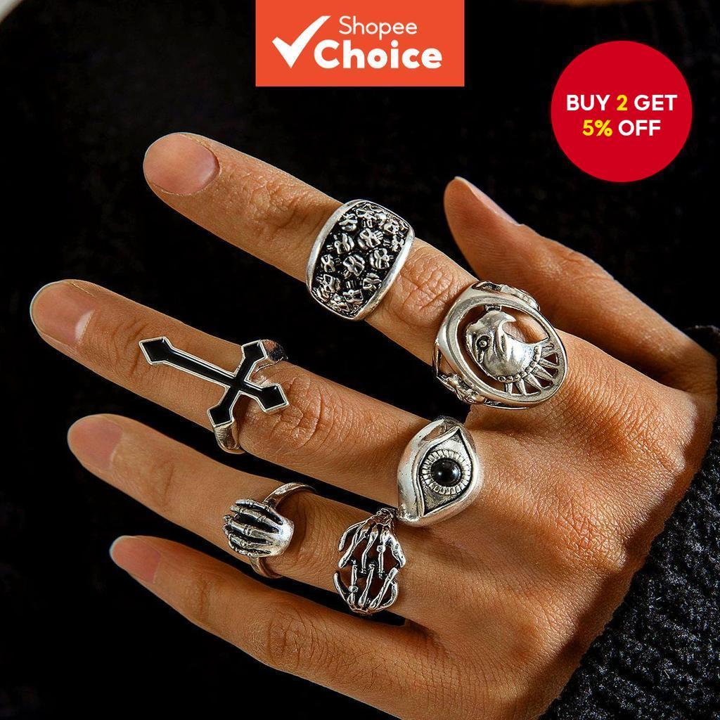 Punk style cross skull personality exaggerated eyes eagle vintage ring ...