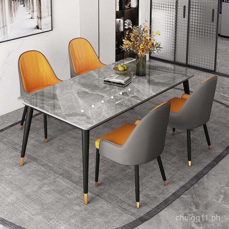 Nordic Italian Gray Glossy Rock Slab Dining Table and Chair Set Simple ...