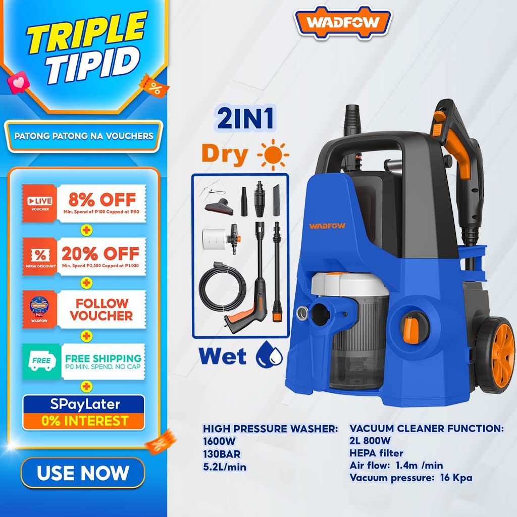 Wadfow 2-in-1 Pressure Washer & Vacuum Cleaner with Carbon Brush Motor ...