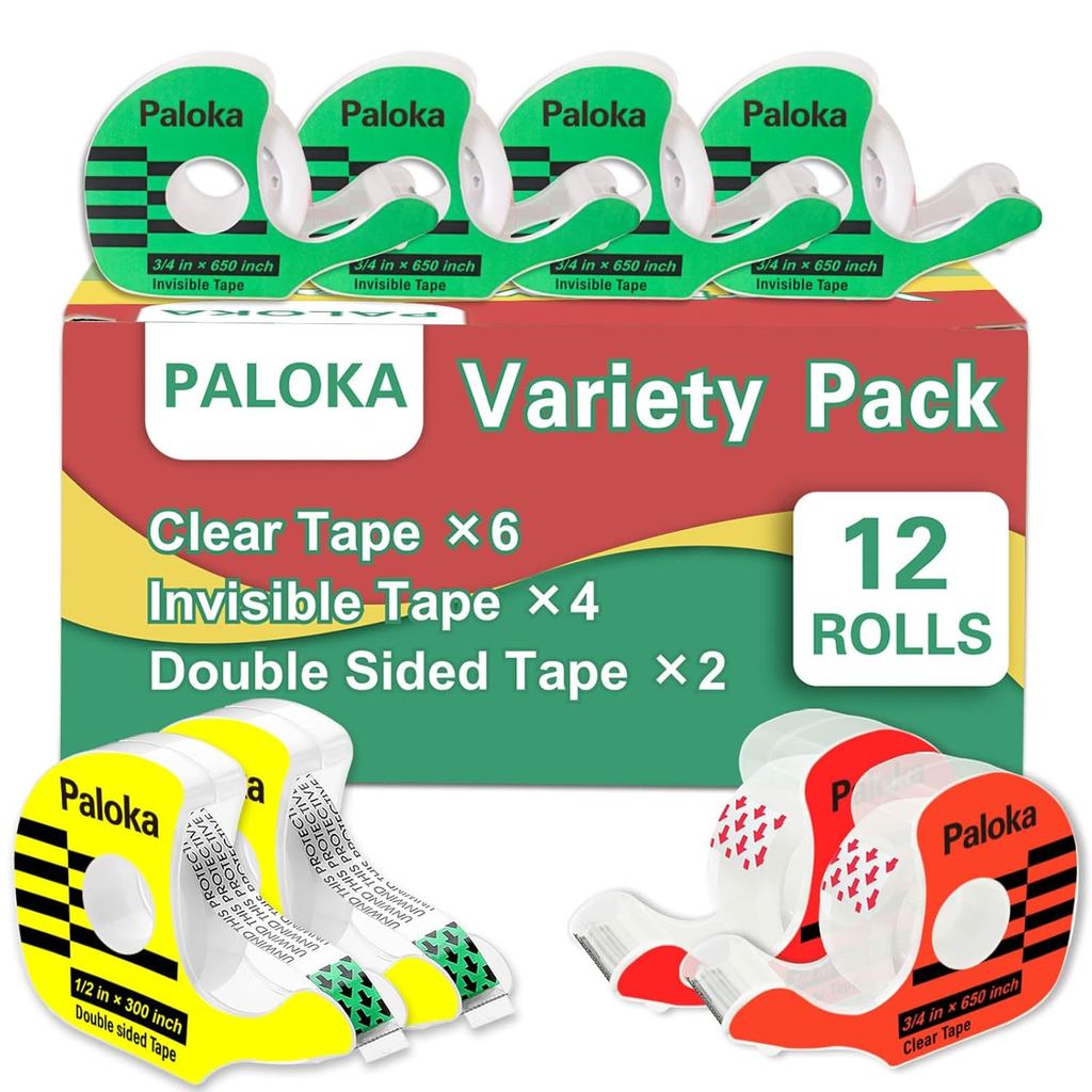 PALOKA Variety Pack Gift Wrapping Tape, 12 Rolls with Dispensers ...
