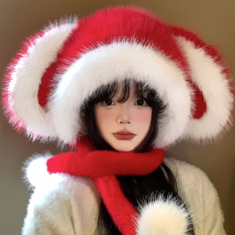 - Cute Red Rabbit Ear Hat Female Winter New Year Ear Protection Plush ...