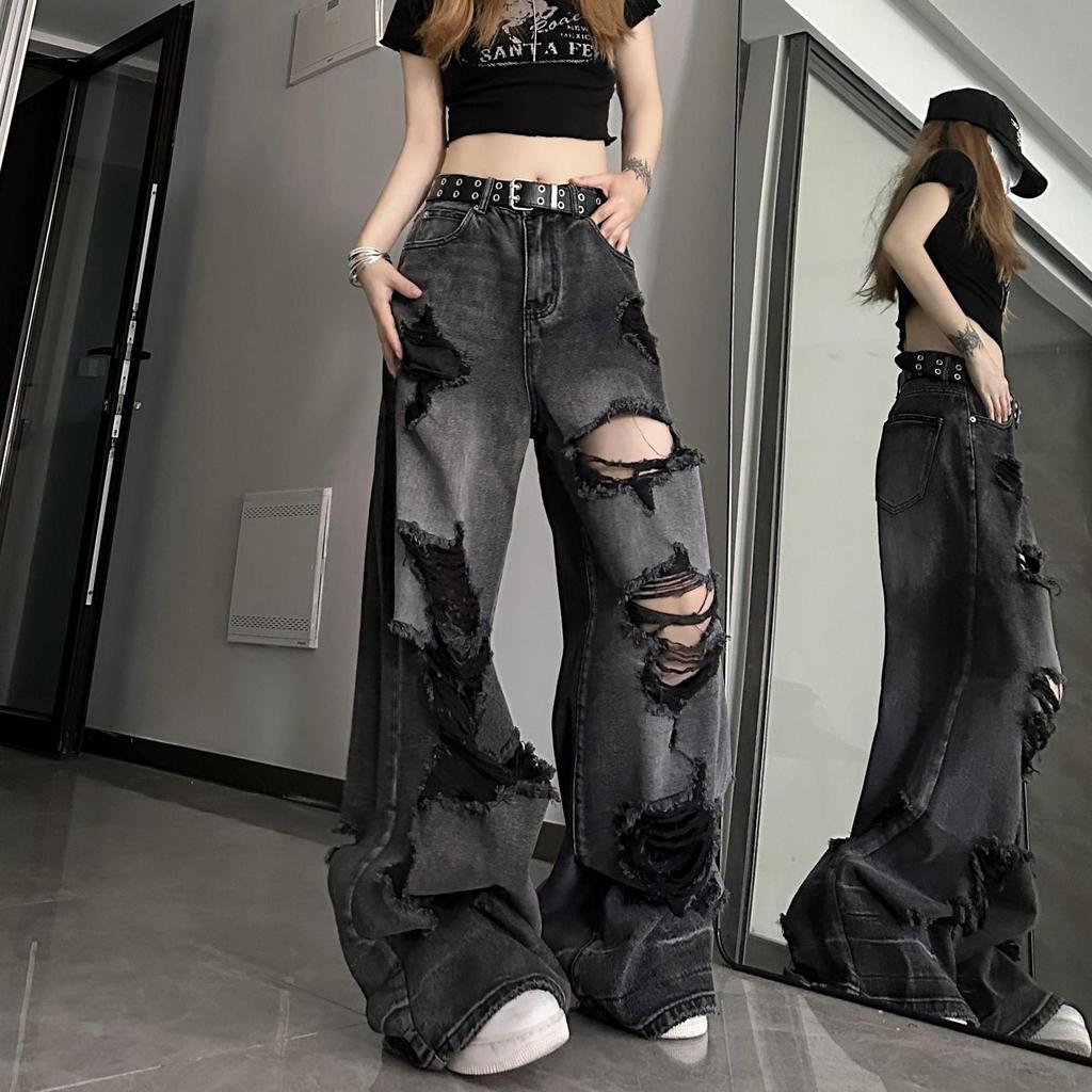 American High Street Ripped Jeans Men Women Summer Loose Slimmer Look ...