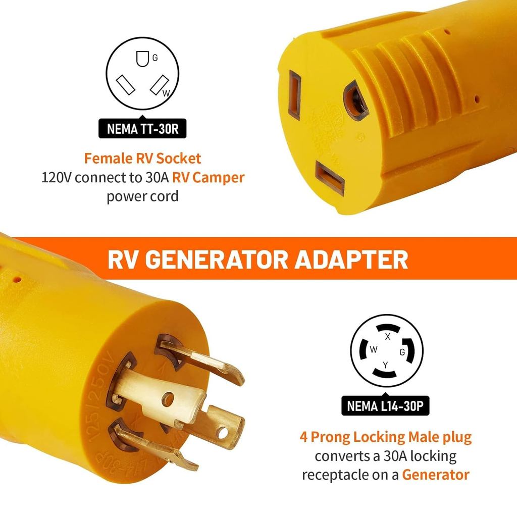 MECMO NEMA L14-30P to TT-30R 30 Amp RV Generator Adapter, 4 Prong ...