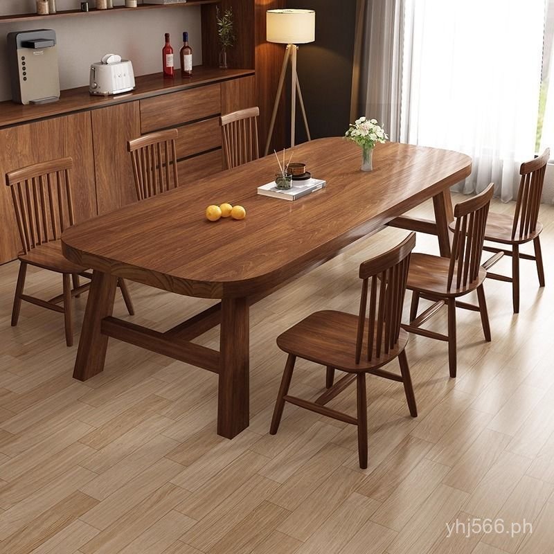 Long Desk Solid Wood Workbench Dining Table and Chairs Small Apartment ...