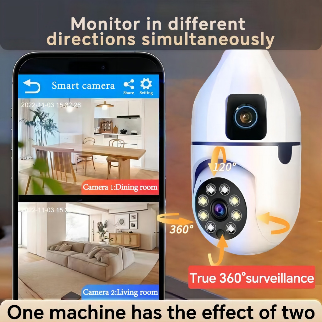 Bulb Dual Lens CCTV Camera 8MP+8MP V380 NO Wifi Needed Auto Tracking ...