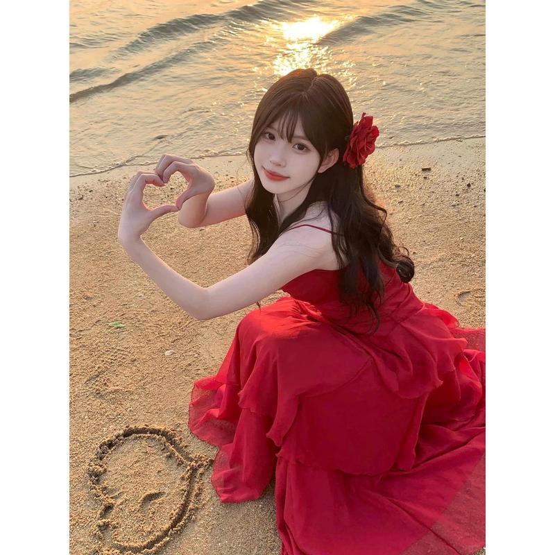 Summer Red Seaside Holiday Style Waisted Ruffle Beach Travel Photo ...