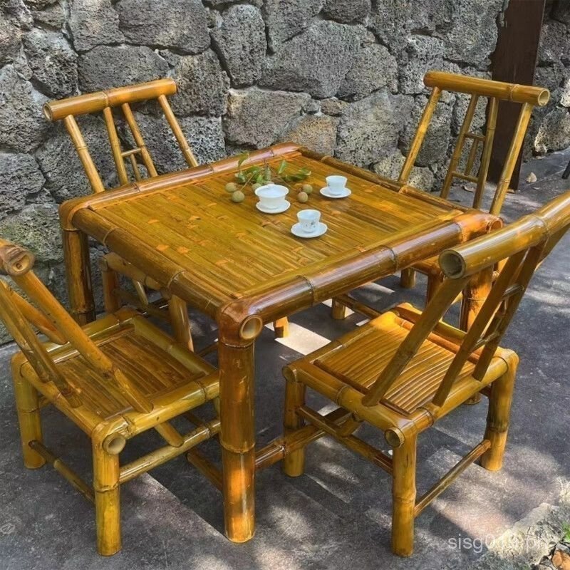 Complete Set of Household Tea Table Outdoor Bamboo Woven Retro Round ...
