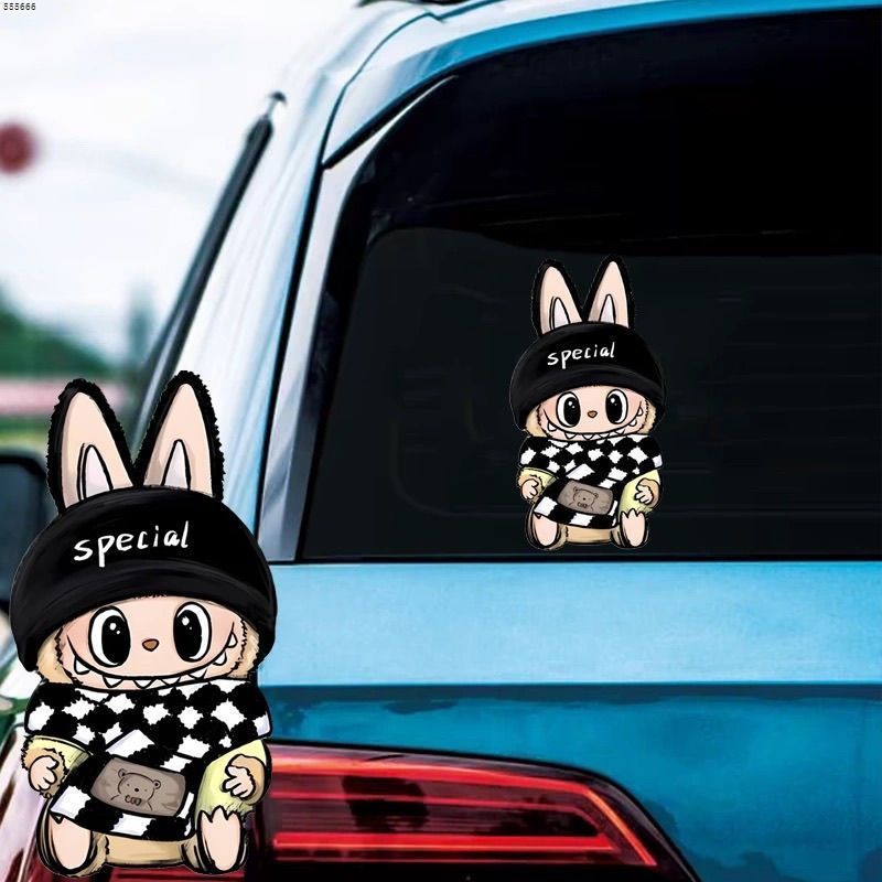 Poma Black White Grid Scarf Labubu Creative Car Sticker Car Motorcycle ...