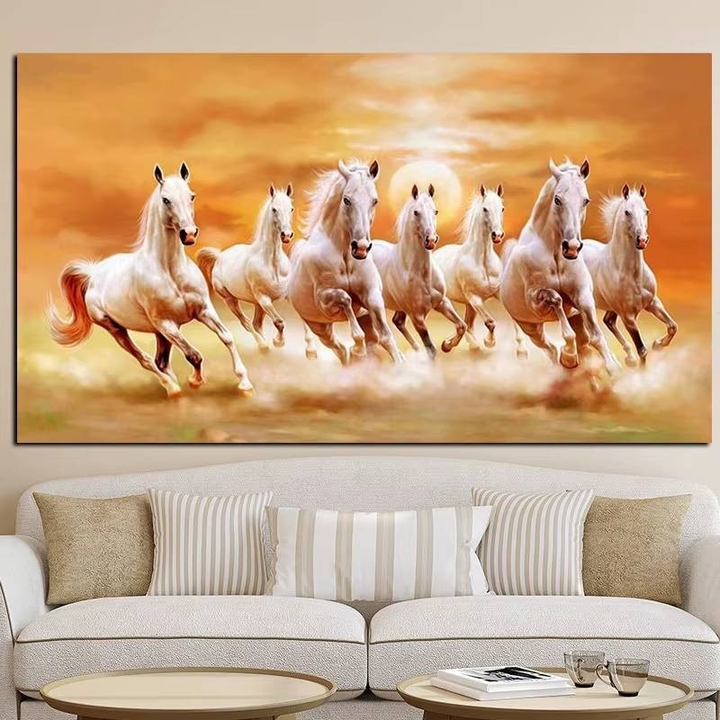 Seven Running White Horses Animal Art Canvas Painting Golden Poster and ...