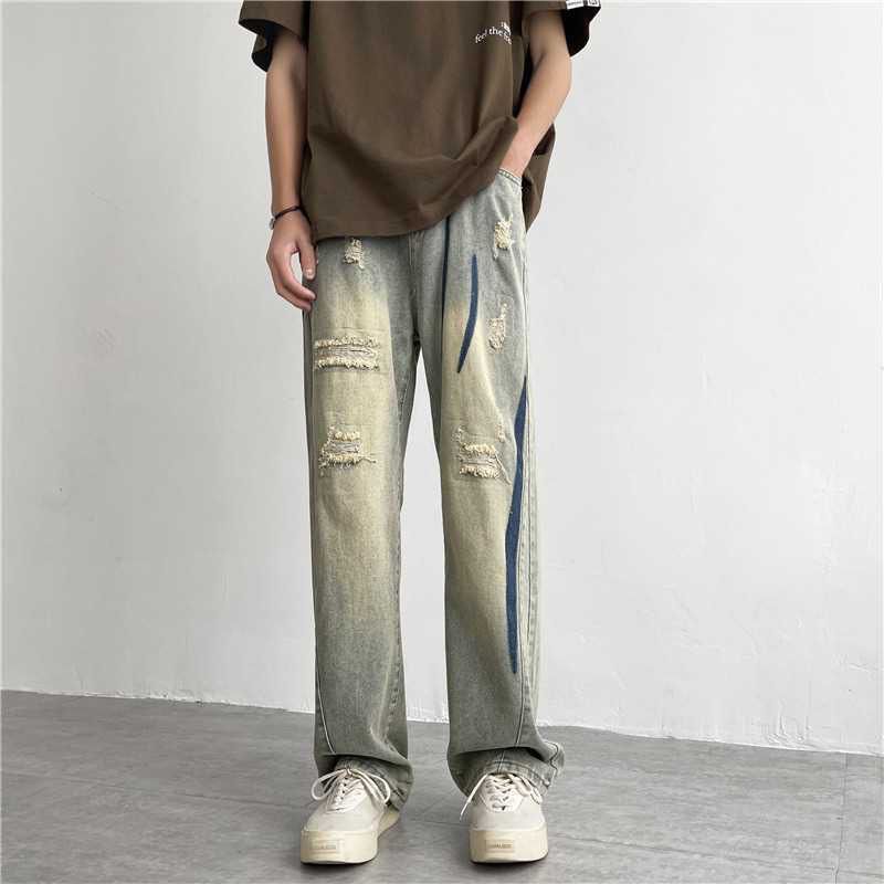 American Retro Distressed Ripped Jeans Men Summer Loose Straight High ...